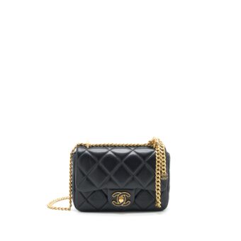 Chanel 22P Mini Square Flap Bag Lambskin Black Gold/Black Hardware (Microchip)