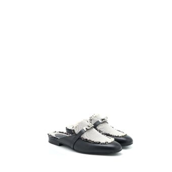 Hermes Size 38 Oz Mule in Calfskin/Fringed Canvas Black/Beige SHW