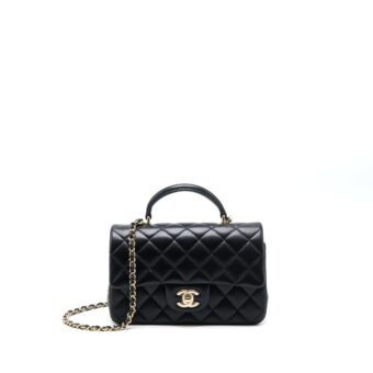 Chanel Top Handle Mini Rectangular Flap Bag Lambskin Black LGHW (Microchip)