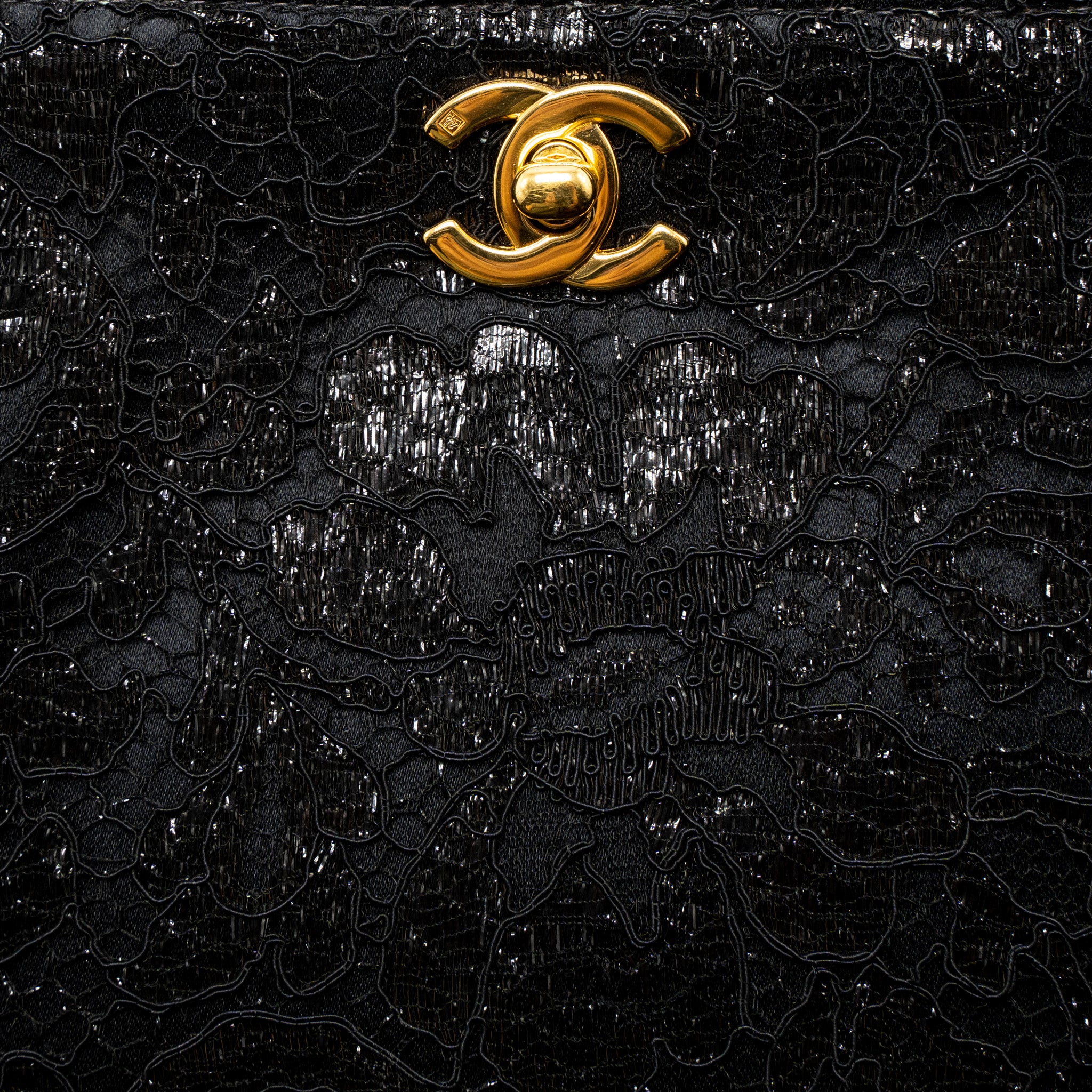 Chanel Vintage Double Sided Tumlock Handbag Laced Satin Black GHW - Image 7