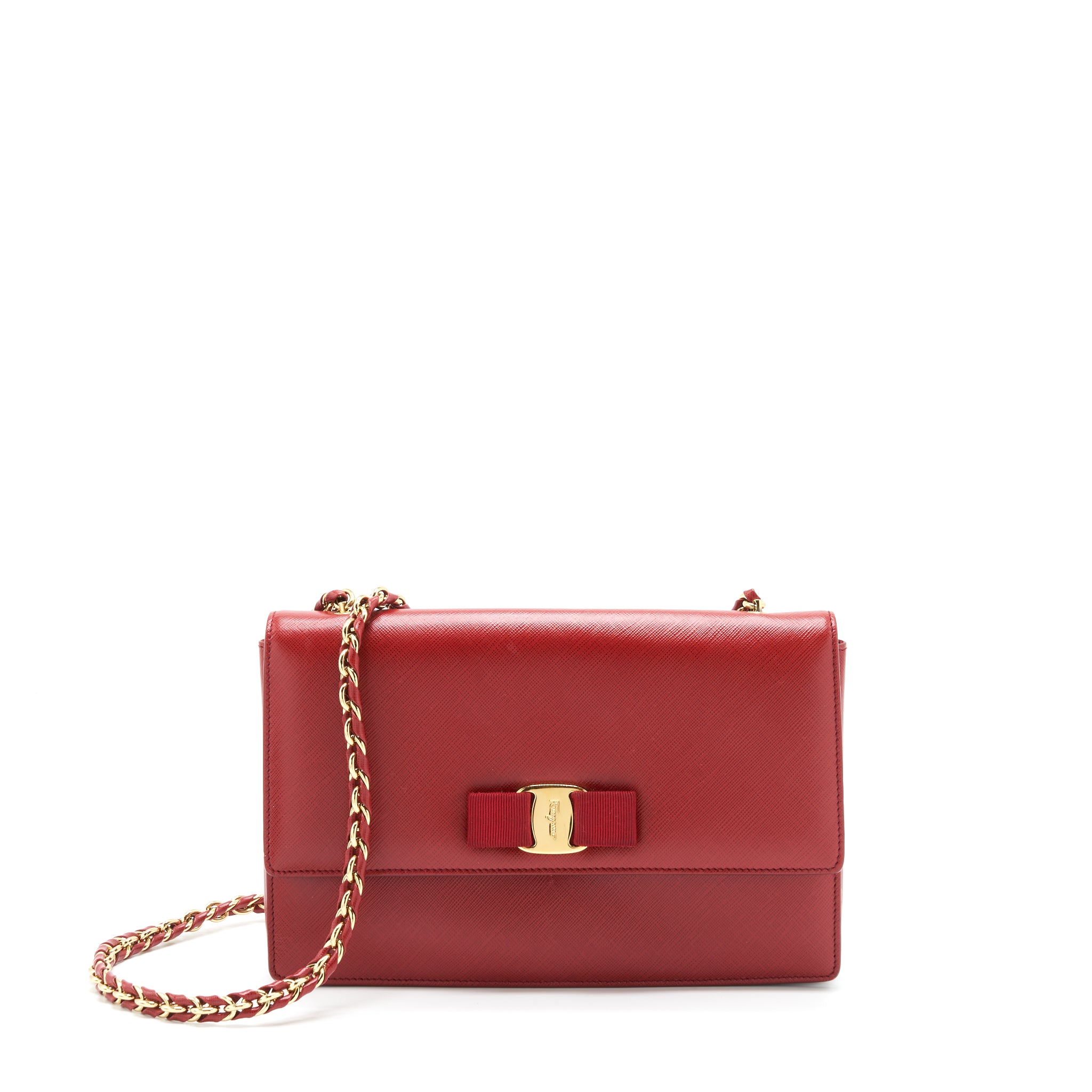 Salvatore Ferragamo Ginny Saffiano Shoulder Bag Calfskin Red GHW