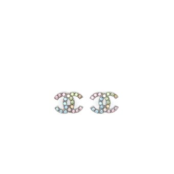 Chanel 22S CC Logo Rainbow Crystal Earrings Sliver Tone