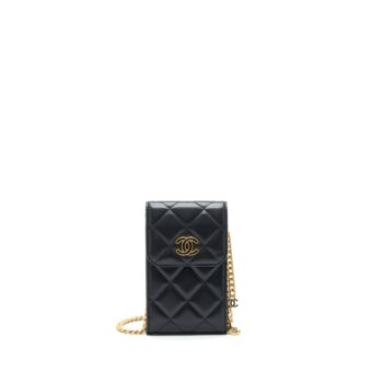 Chanel 22P Vertical Mini Flap Phone Case Lambskin Black With Enamel And Gold Hardware