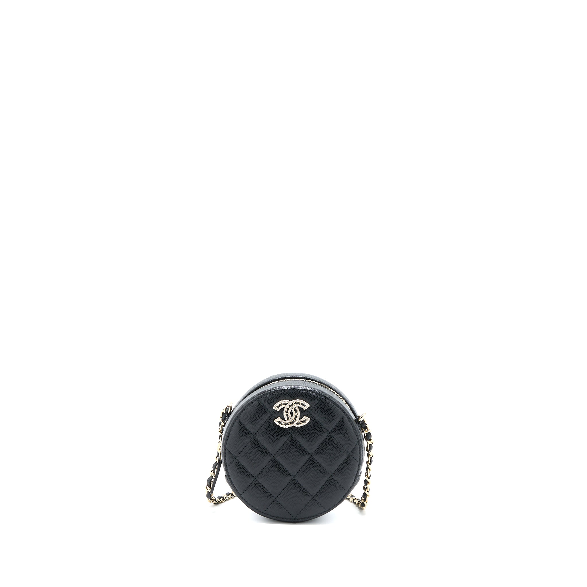 Chanel Crystal CC Logo Round Clutch with Chain Caviar Black LGHW