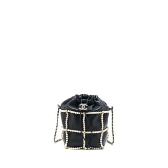 Chanel Bucket Crystal CC Logo Pearl Chain Bag Lambskin Black SHW