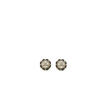 Chanel Round Pearl/Crystal/Leather Chain Earring Light Gold Tone