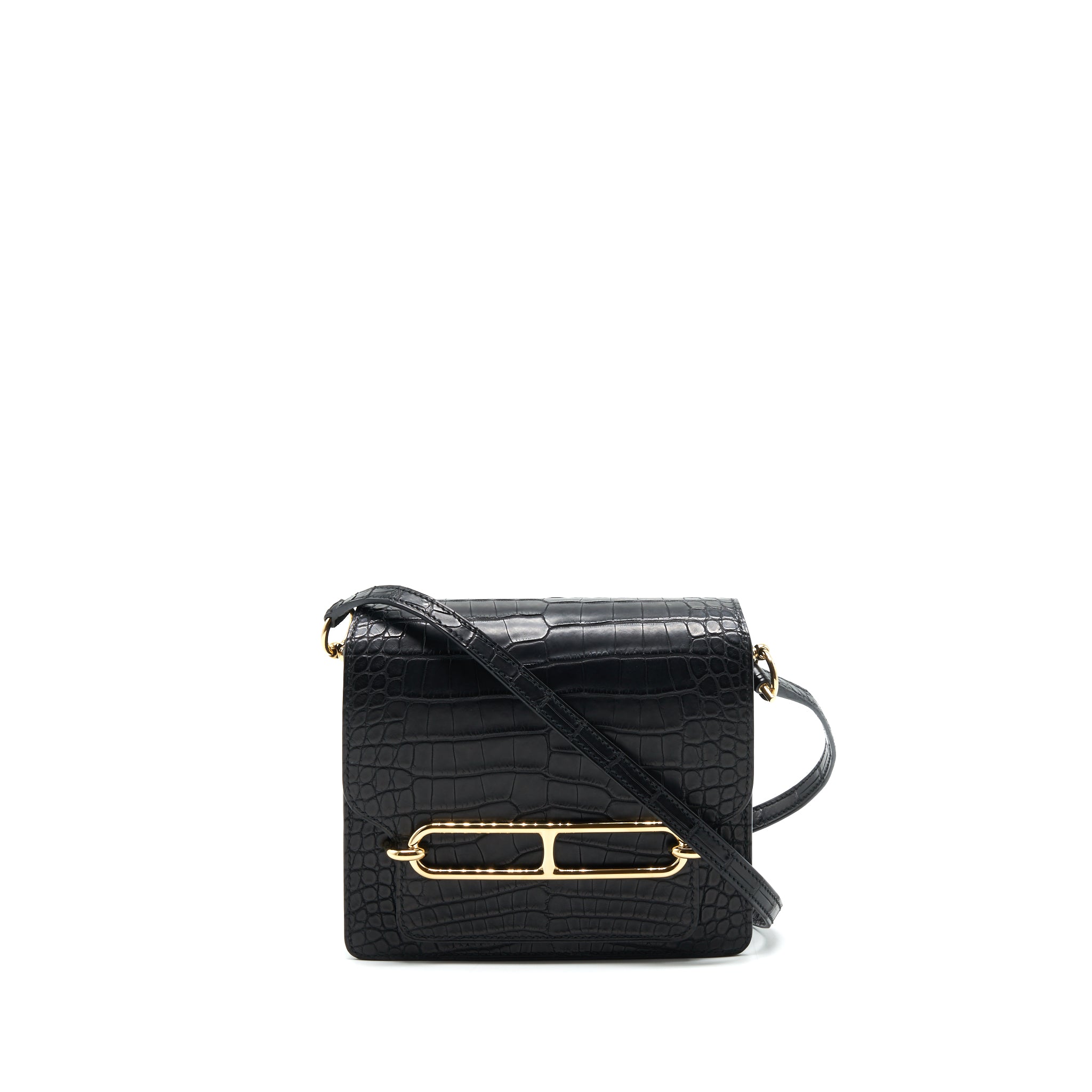 Hermes Mini Roulis Alligator Mississippiesis Mat 89 Black GHW Stamp D