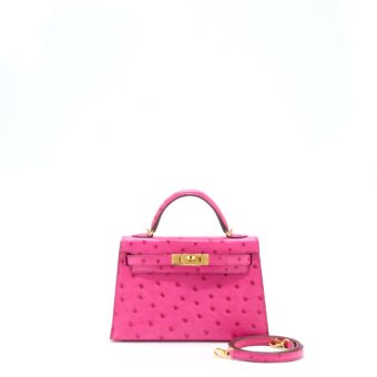 Hermes Mini Kelly Sellier Special Order Ostrich 5J Fuchsia Pink/Purple GHW Stamp Z
