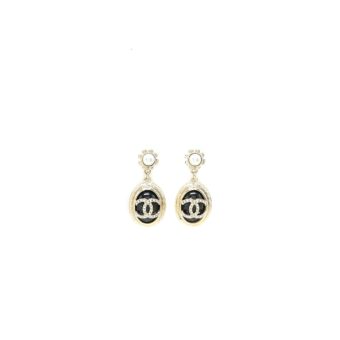 Chanel Round CC Logo Dropped  Black Crystal/Pearl Light Gold Tone