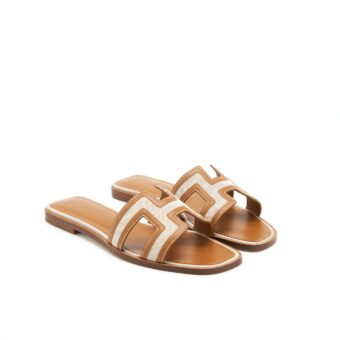 Hermes Size 37.5 Oran Sandals Toile H Plum Noisette/Beige