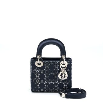 Dior Mini Lady Dior Satin Crystal Cannage Dark Blue SHW
