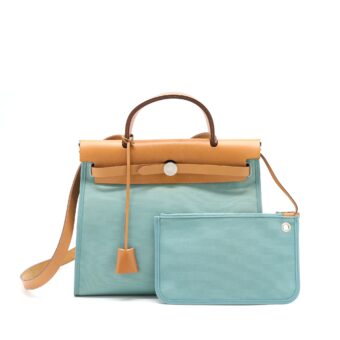 Hermes Herbag 31 Canvas Light Blue SHW Stamp Square R