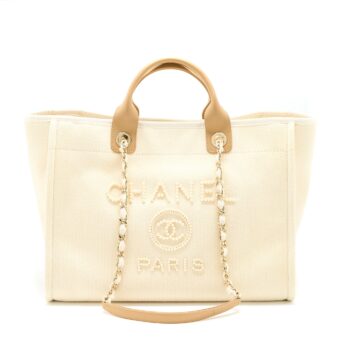 Chanel Deauville Tote Bag Fabric/Leather Creamy White/Beige GHW
