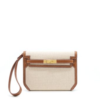 Hermes Pochette Kelly Depeches 25 Canvas/Barenia Leather Ecru Beige/ Fauve GHW Stamp Z