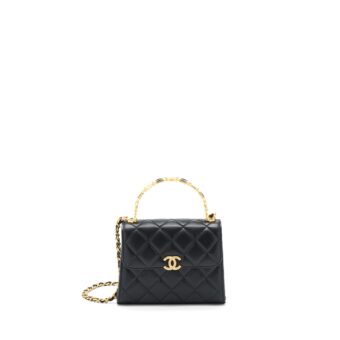 Chanel 22B Flap Bag With Enamel/CC Logo Top Handle Lambskin Black Brushed GHW