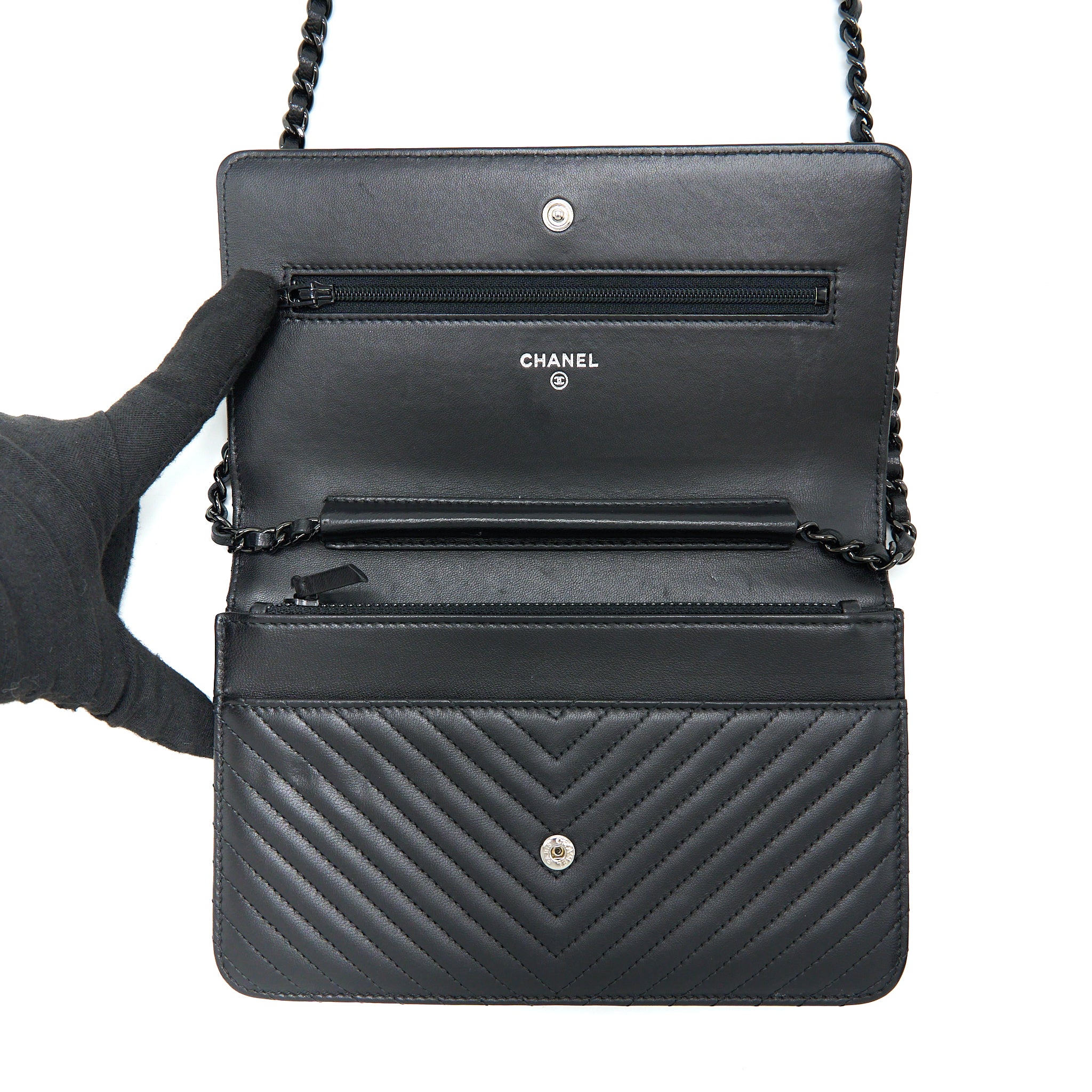Chanel Chevron Wallet On Chain Black with Black Hardware - Image 12