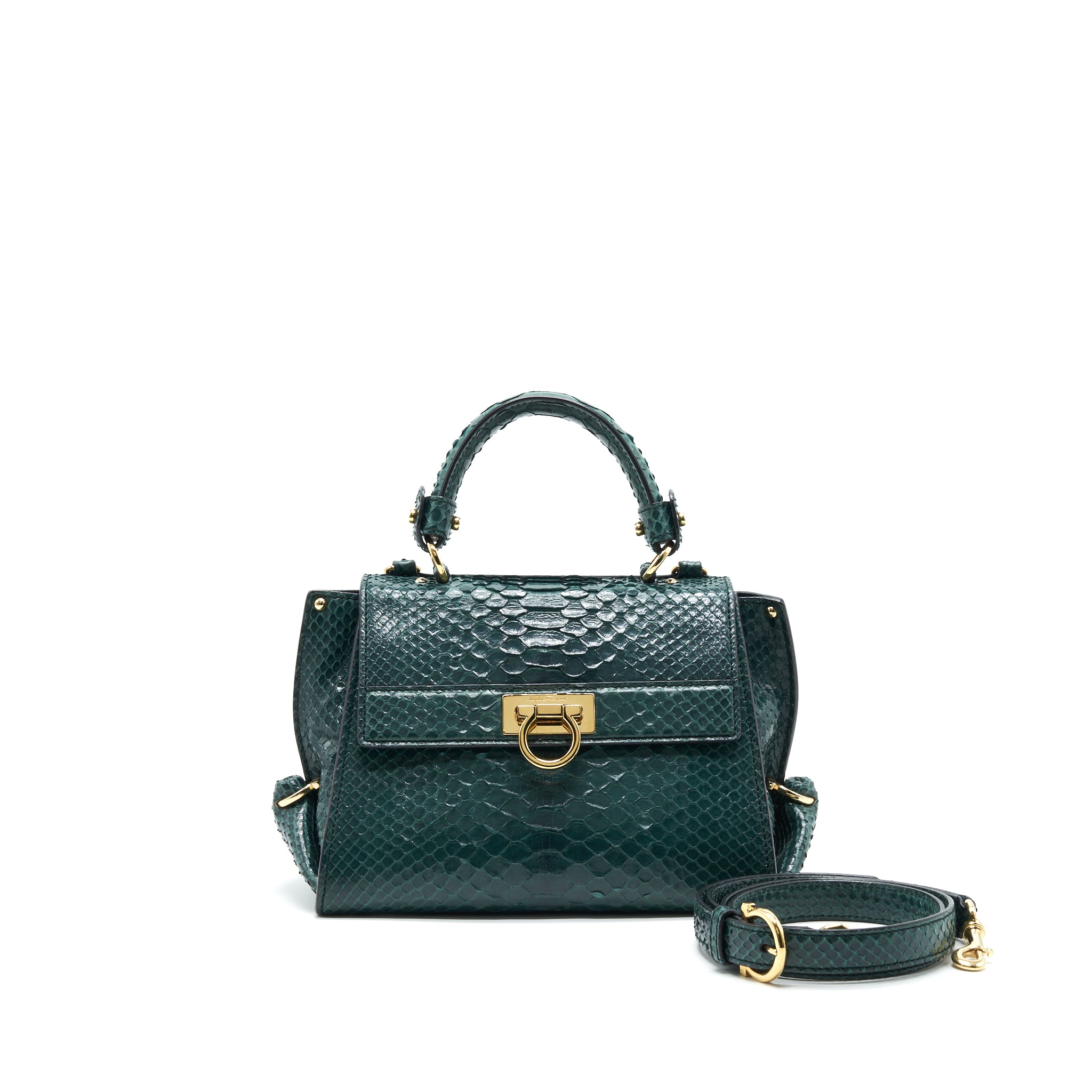 Ferragamo Python leather Tophandle tote Bag Dark Green GHW