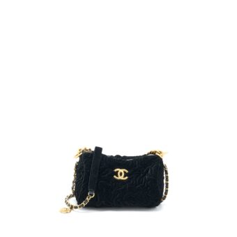 Chanel Mini Boston Bag with Chain Camellia Velvet Black GHW (Microchip)
