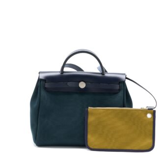 Hermes Herbag 31 Zip Bag Canvas/ Hunter Leather Vert Cypres-VT Olive/ Blue Indigo SHW Stamp Z