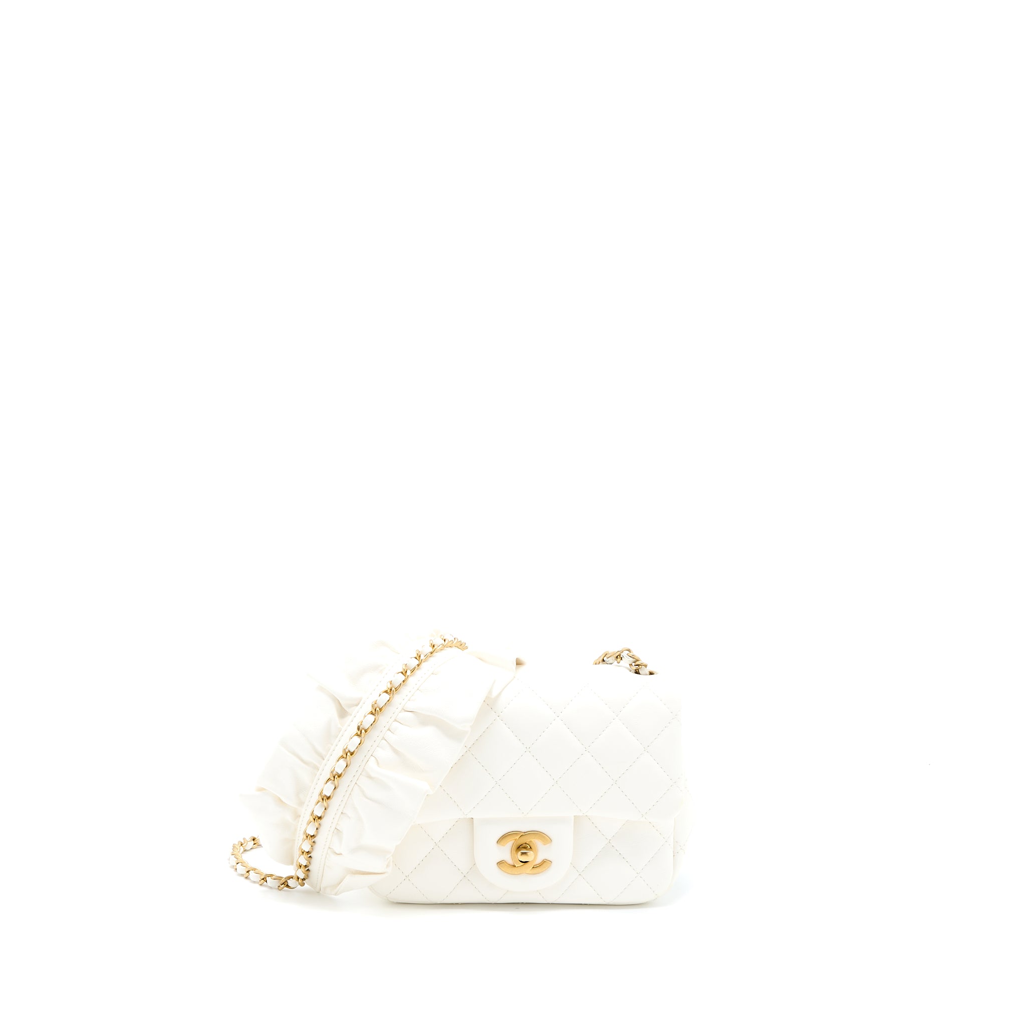 Chanel Mini Square Flap Bag with Detailed Ribbon Chain Lambskin White GHW