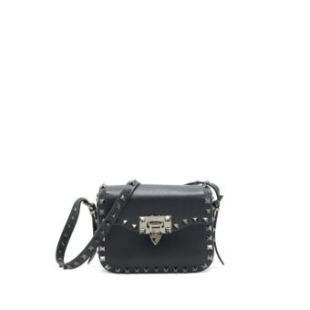 Valentino Garavani small Rockstud Grainy Calfskin Crossbody Bag Black SHW