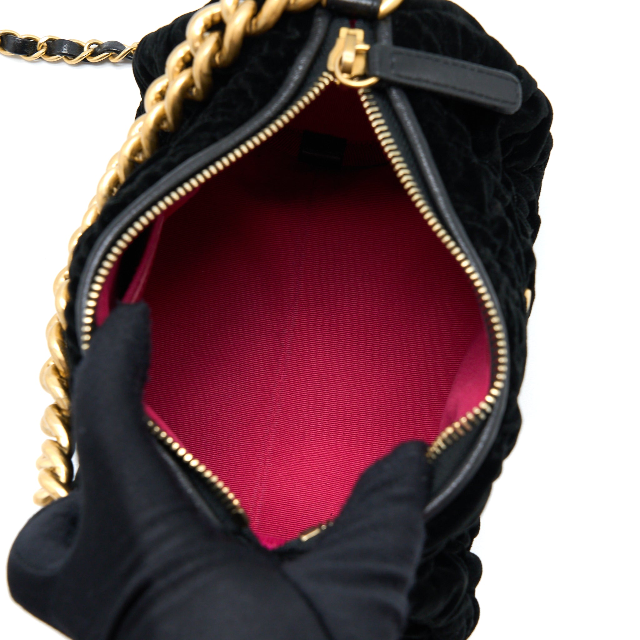 Chanel Mini Boston Bag with Chain Camellia Velvet Black GHW (Microchip) - Image 7