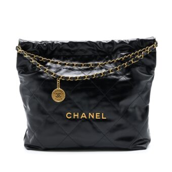 Chanel Medium 22 Bag Gold Letter Shiny Calfskin Black Brushed GHW(Microchip)