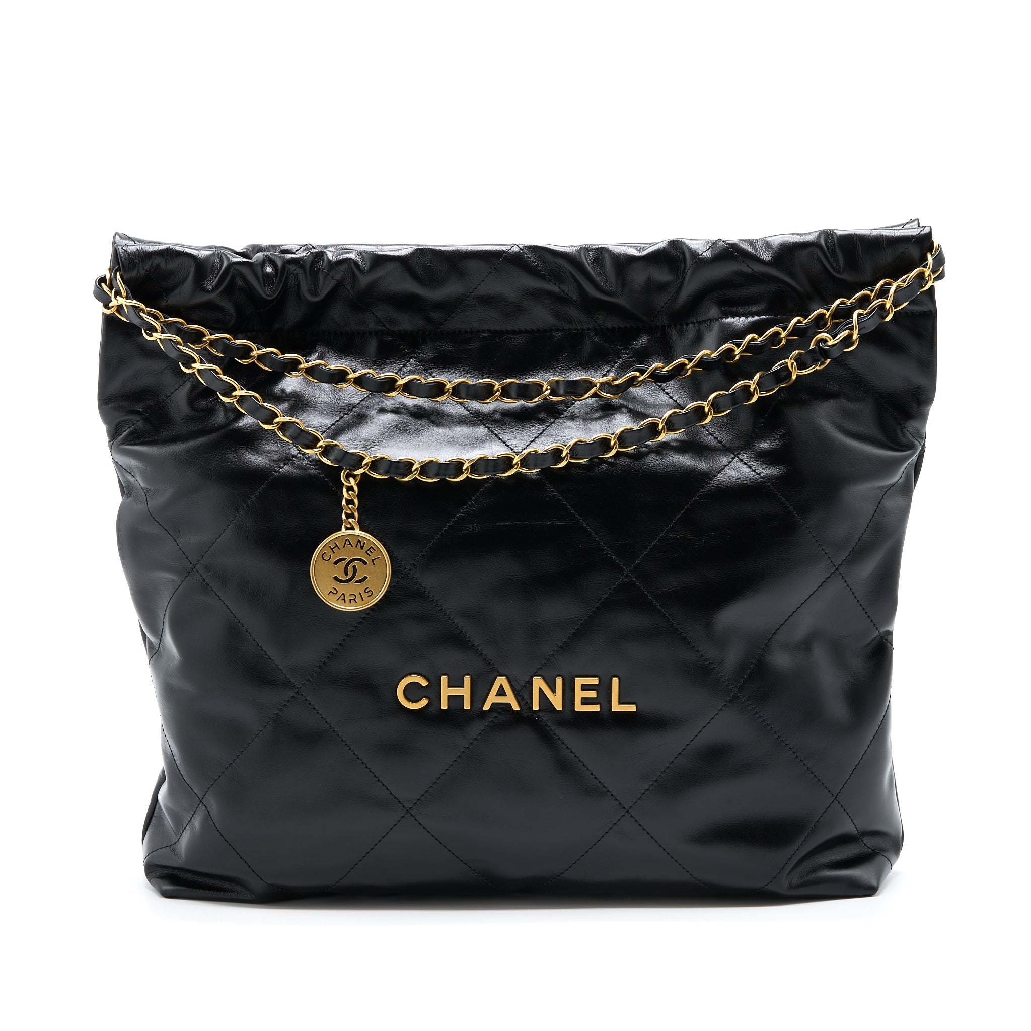 Chanel Medium 22 Bag Gold Letter Shiny Calfskin Black Brushed GHW(Microchip)