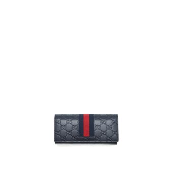 Gucci Men's Signature Web Leather Long Wallet In Dark Navy