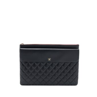 Chanel Quilted Zip and Flap Pouch/Clutch Large Model Lambskin Black LGHW