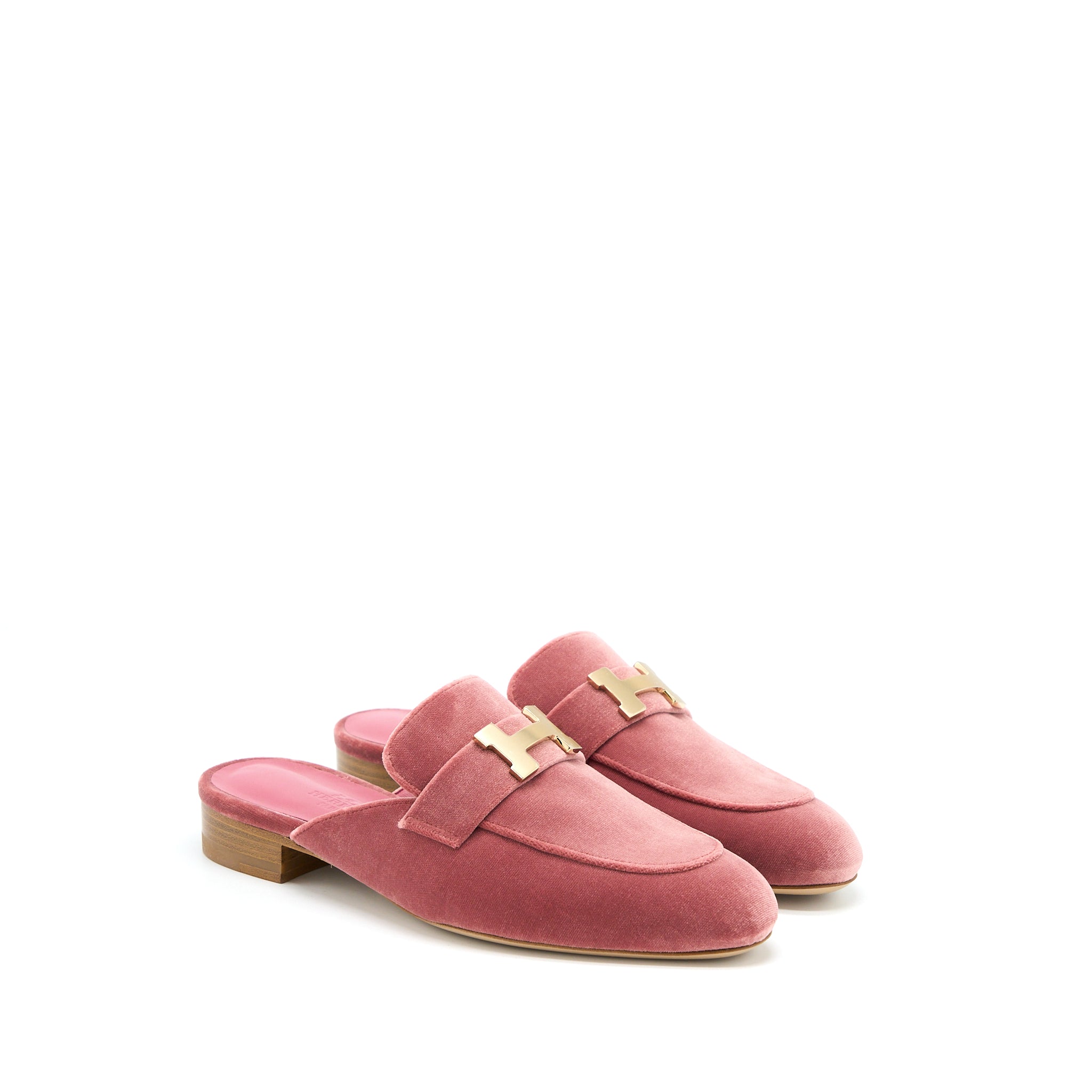 Hermes Size 35 Trocadero Rose Poudre Velvet H Logo Buckle Mule Slide Shoes GHW