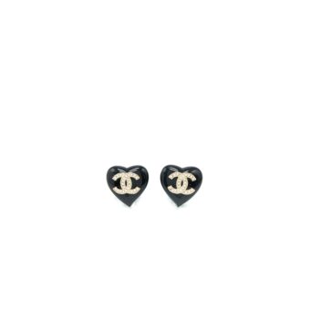 Chanel Heart Shape CC Logo Earrings Crystal Black Light Gold Tone