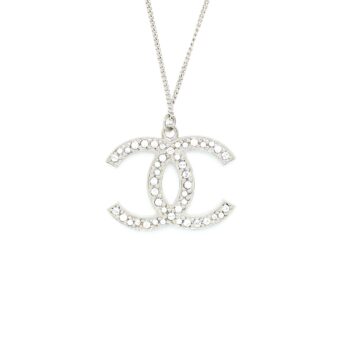 Chanel CC Logo Necklace Crystal Silver Tone