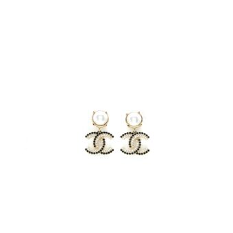 Chanel CC Logo Dropped Earrings Pearl/Crystal Light Gold Tone