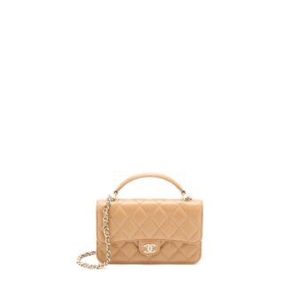 Chanel Top Handle Mini Flap Bag with Chain Lambskin Caramel LGHW (Microchip)