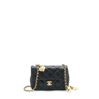 Chanel seasonal Mini Rectangular Flap Bag Heart Charm Chain Lambskin Black GHW (Microchip)