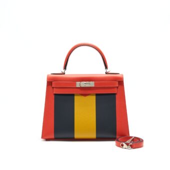 Hermes Kelly Letter M Bag Sellier 28 Epsom/ Sombrero/ Mysore In Capucine/ Bleu Obscur/ Ambre