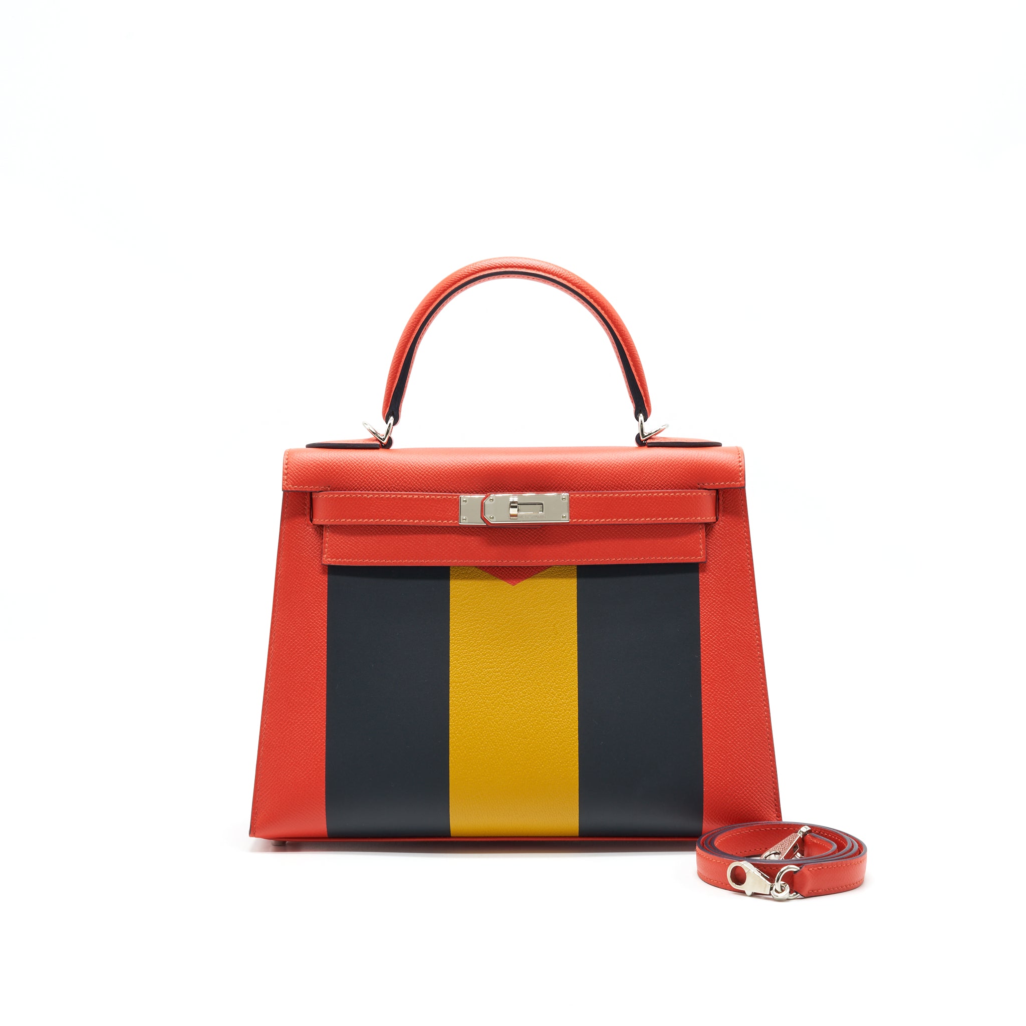Hermes Kelly Letter M Bag Sellier 28 Epsom/ Sombrero/ Mysore In Capucine/ Bleu Obscur/ Ambre