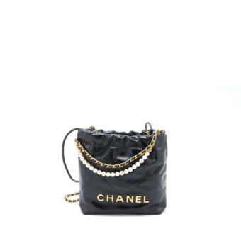 Chanel 23S Mini 22 Bag With Pearl Shiny Calfskin Black Brushed GHW (Microchip)
