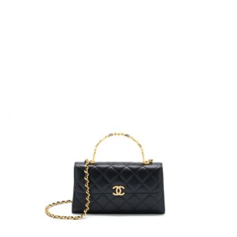 Chanel 22B Flap Bag With Enamel/CC Logo Top Handle Lambskin Black Brushed GHW