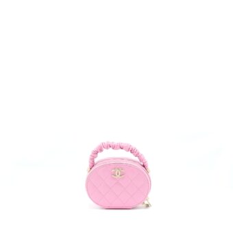 Chanel 22S Top Handle Mini Round Vanity Clutch Lambskin Pink LGHW