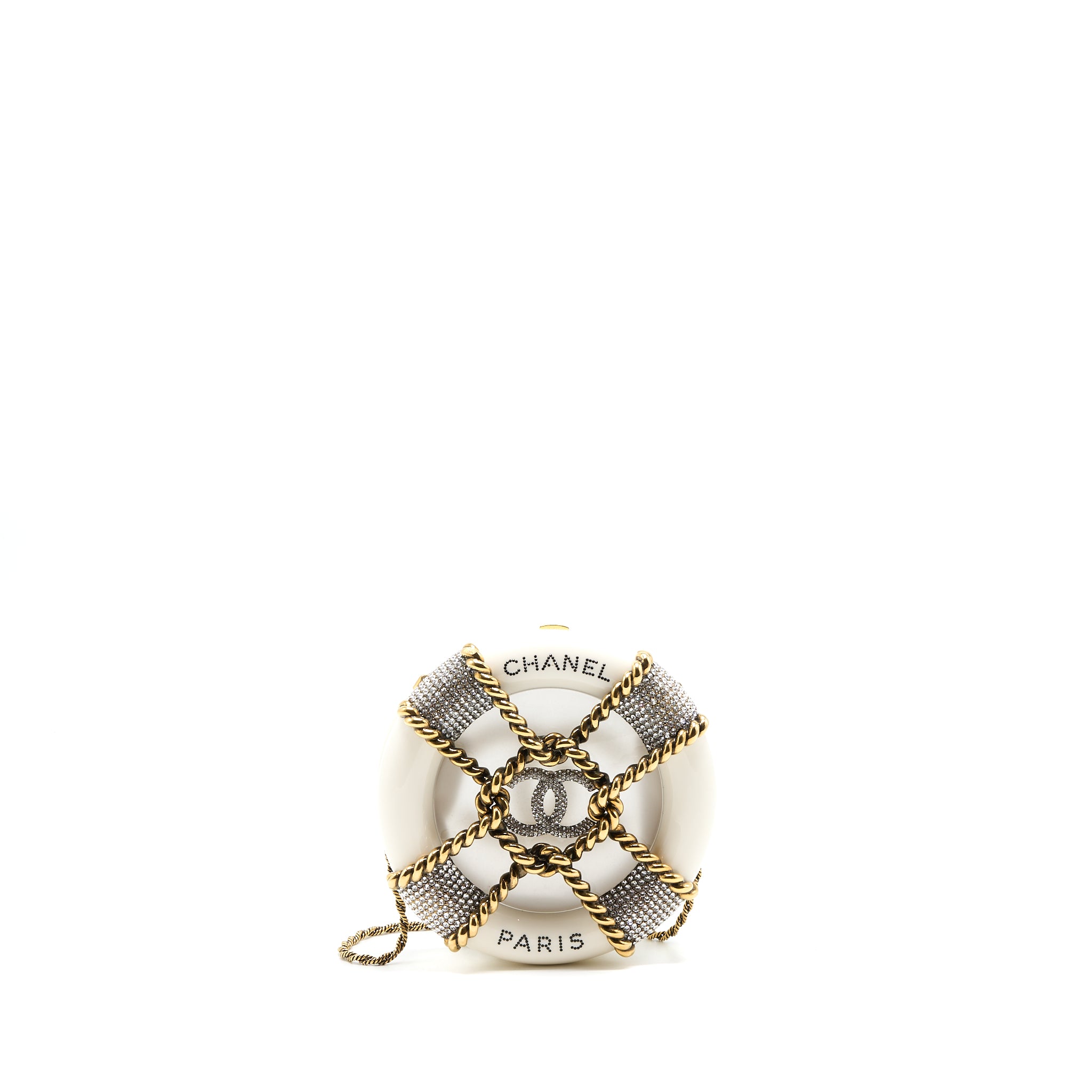 Chanel Runway White Crystal Round Evening Clutch Shoulder Bag Box GHW
