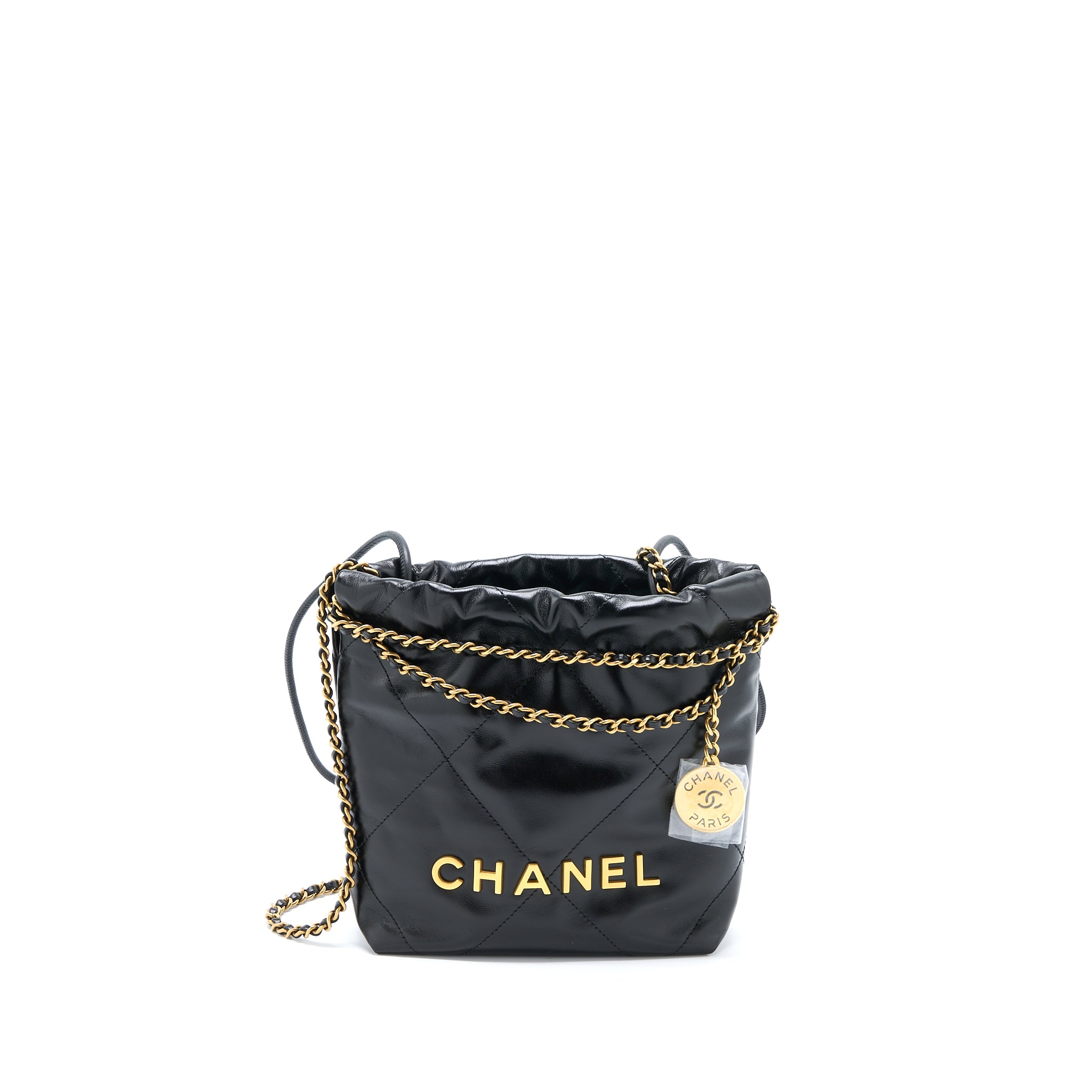 Chanel Mini 22 Bag Shiny Calfskin Black Brushed GHW (Microchip)