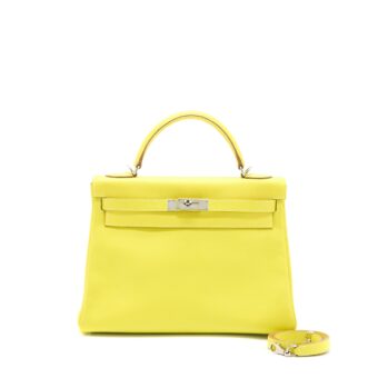 Hermes Kelly 32 Epsom Lime/Gris Perle SHW Stamp Square Q