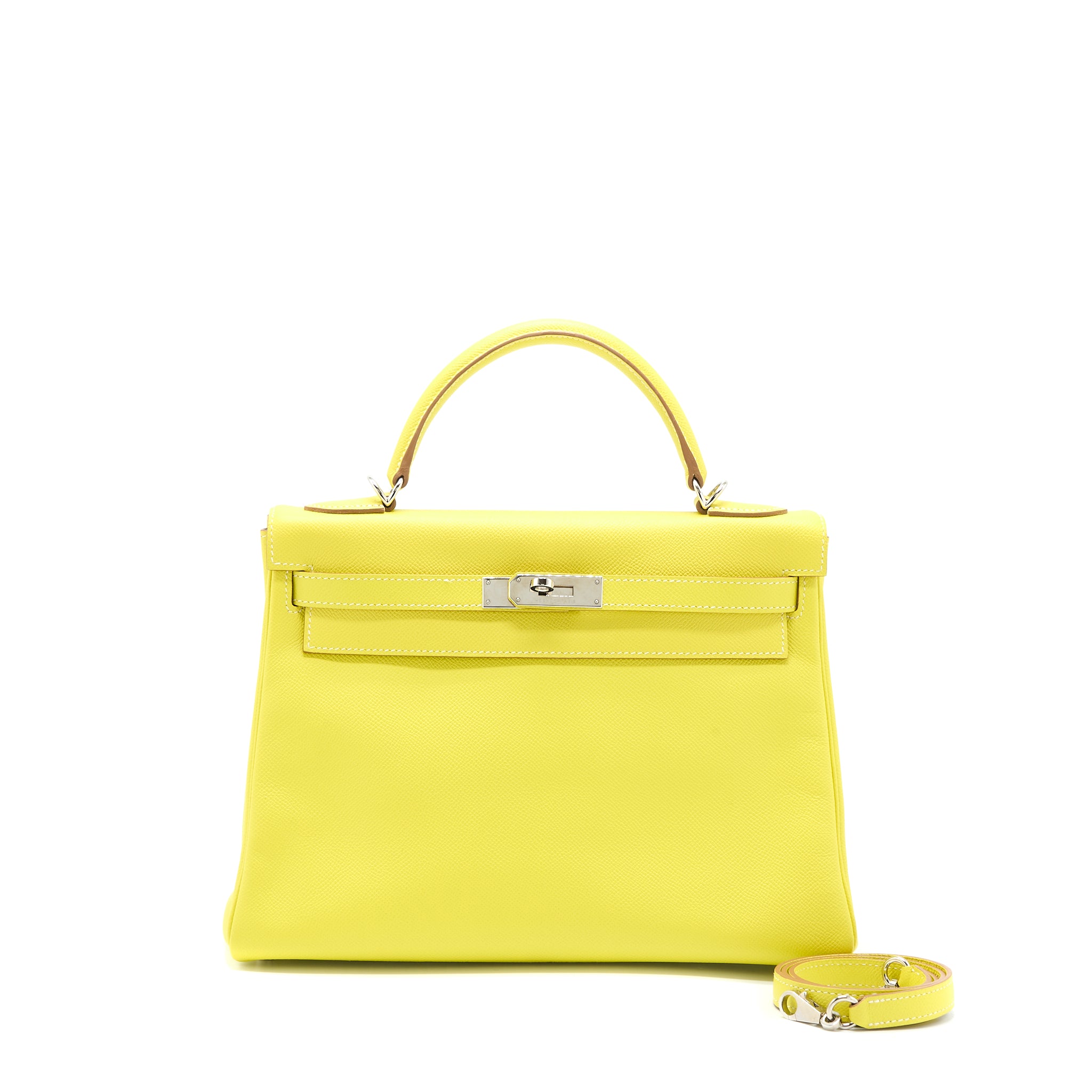 Hermes Kelly 32 Epsom Lime/Gris Perle SHW Stamp Square Q