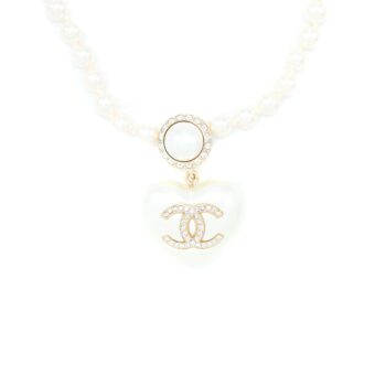 Chanel CC Logo Heart Necklace Pearl/Crystal Light Gold Tone