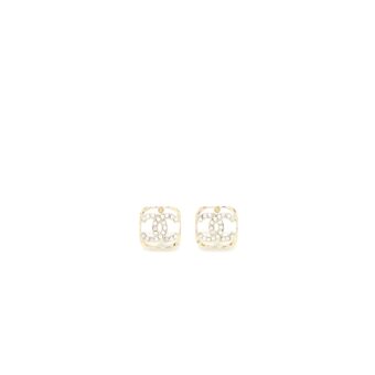Chanel Square CC Logo Earring Crystal Light Gold Tone