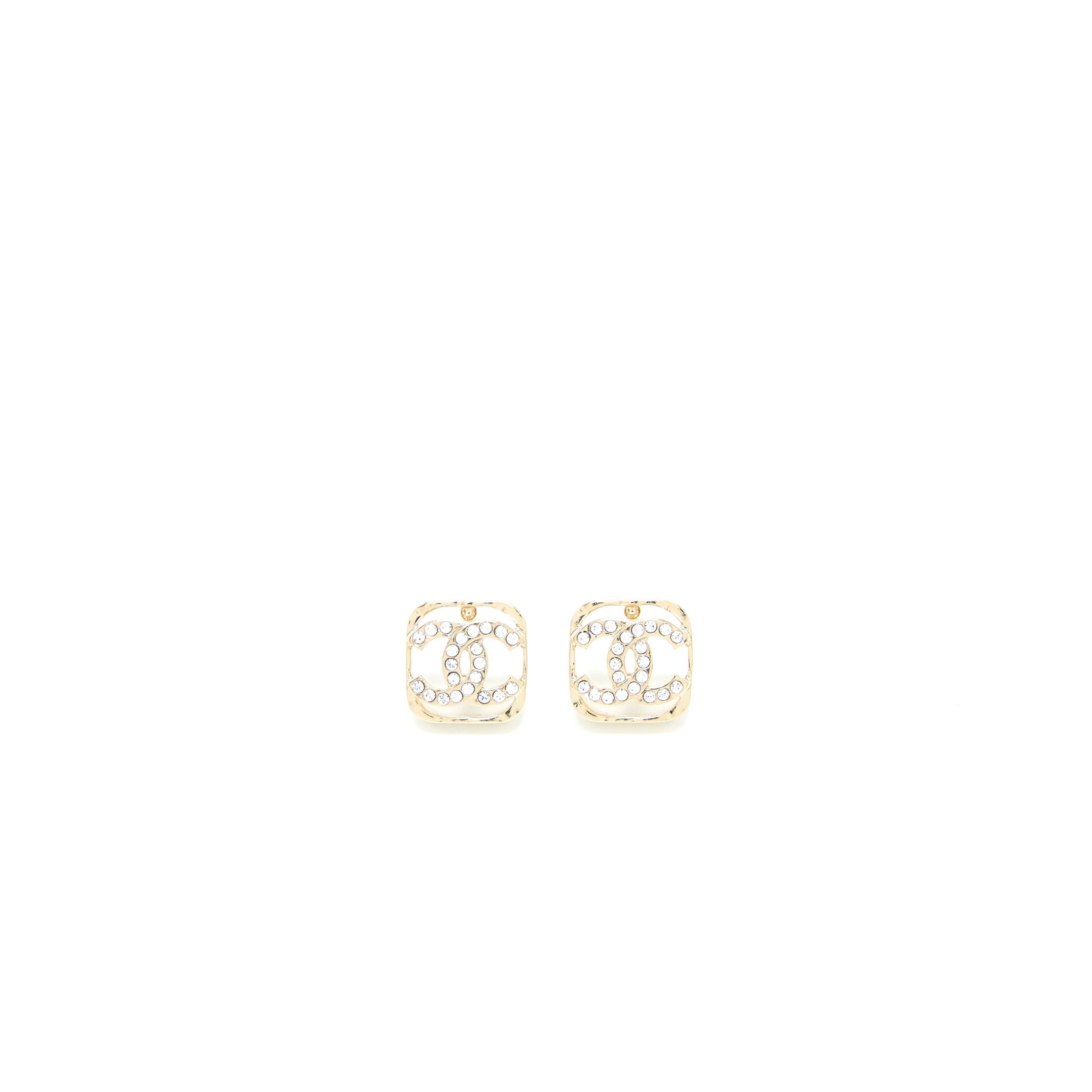 Chanel Square CC Logo Earring Crystal Light Gold Tone