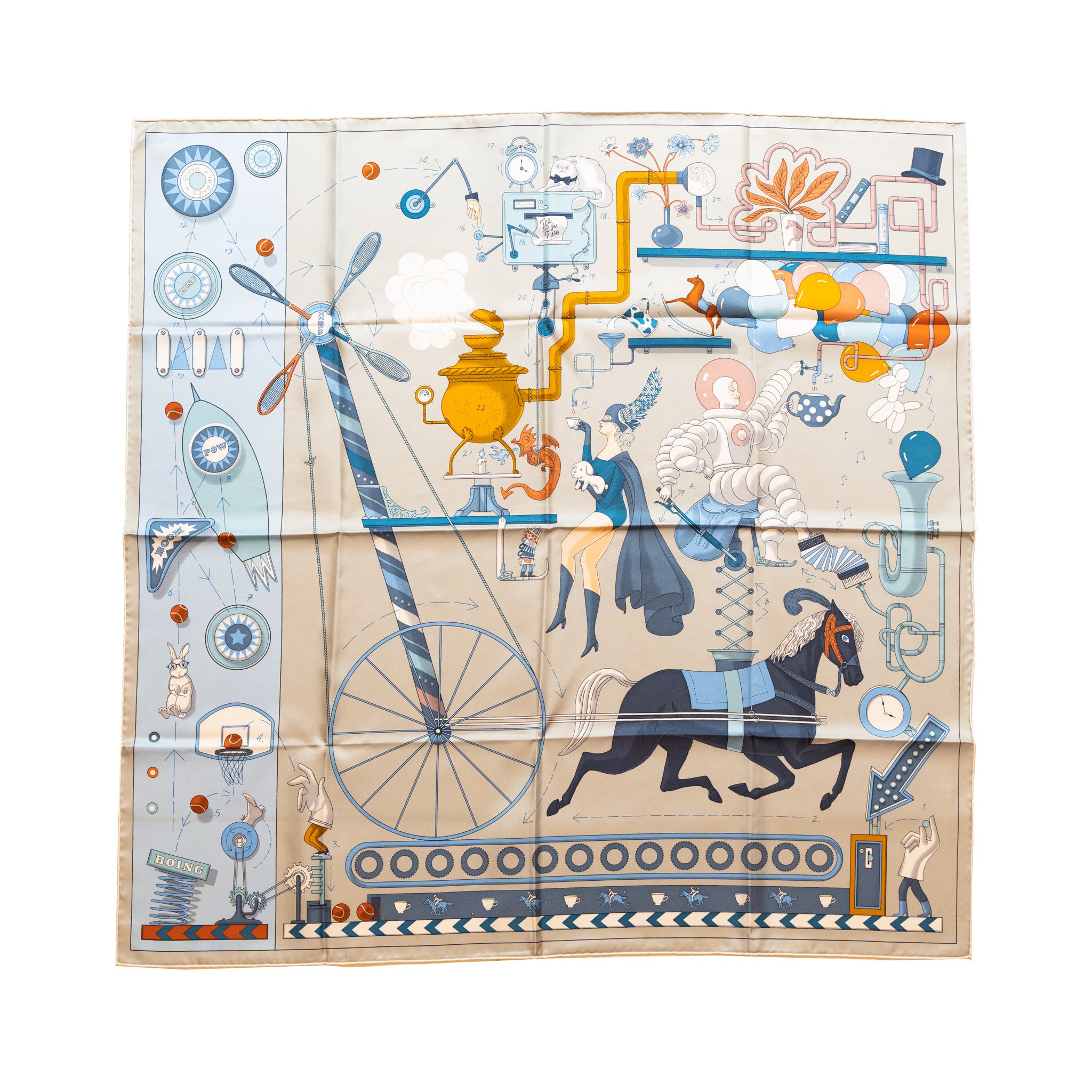 Hermes 90CM Tea for Two Silk Scarf Gris Perle/Bleu Ciel/Bleu Jean
