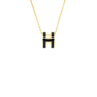 Hermes Pop H Pendant Necklace Black Gold Tone
